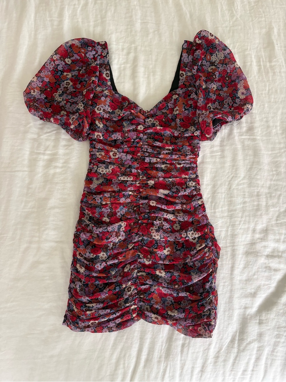Zara Red Floral Ruched Puff-Sleeve Mini Dress